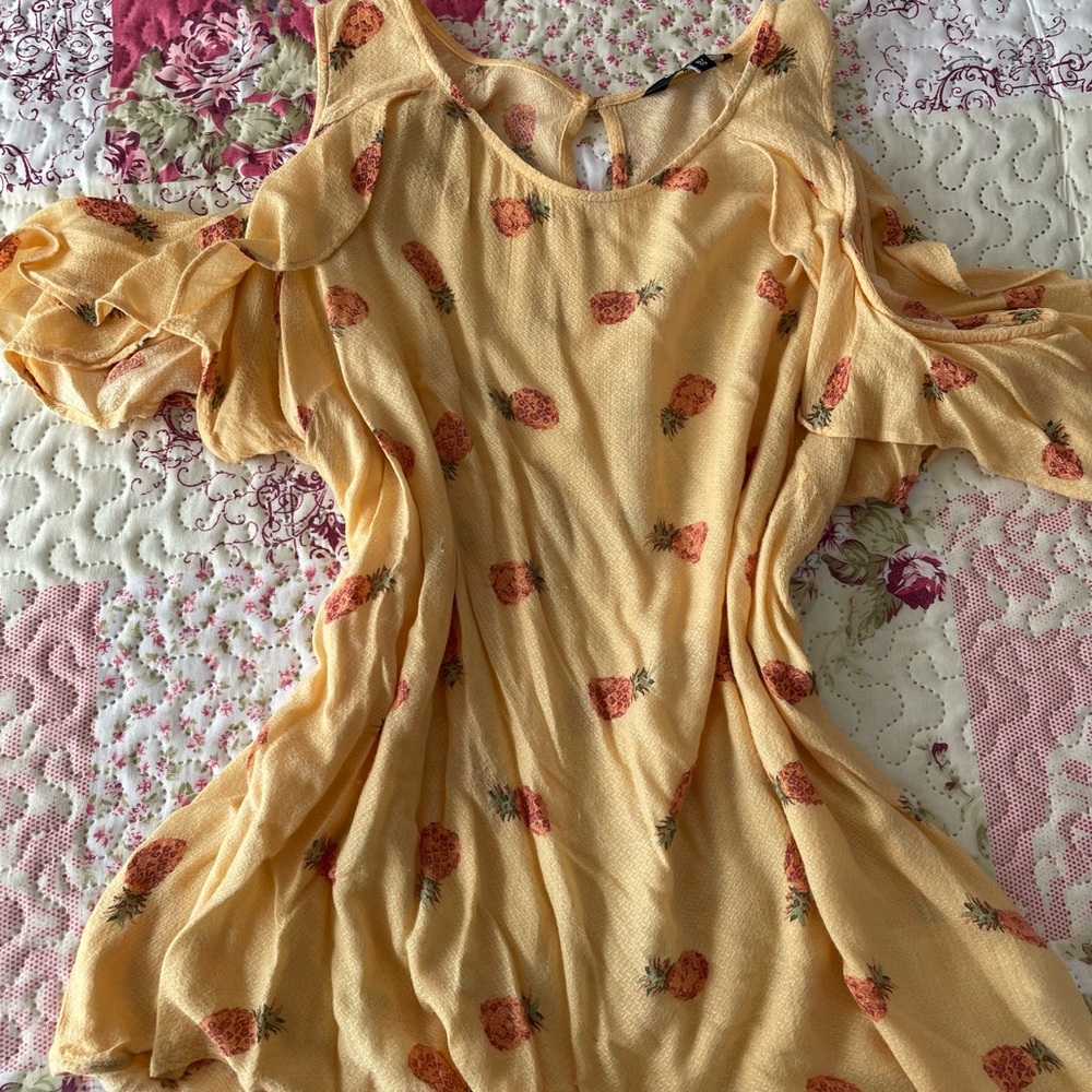 Yellow Pineapple Print Cold-Shoulder Top